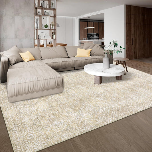 COZYLOOM 4x6 Rug Machine Washable Foldable Printed Area Rug Modern Distressed with Non Slip Design Stain Resistant Non Shedding Pet Friendly Carpet Perfect for Home Decor, Faux Wool, Beige
