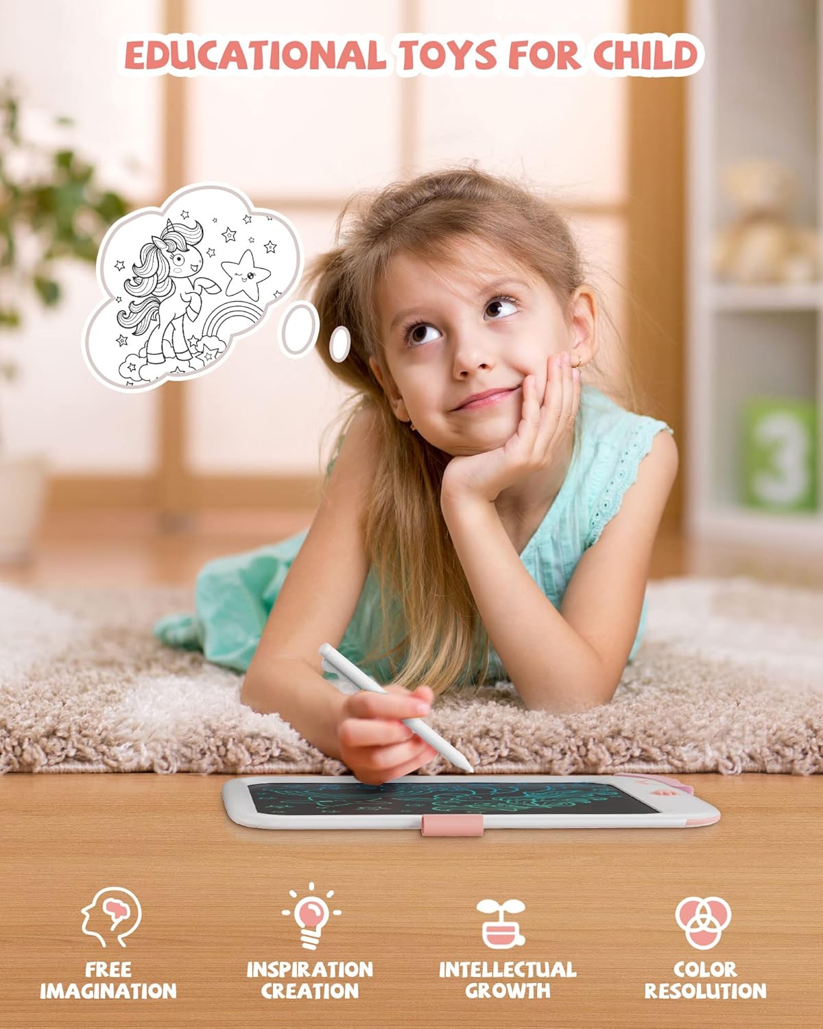 Unicorn Toys 10 Inch Writing Tablet for Kids, Educational Toys for Girls Aged 3-5, Birthday Gift for 3-8 Year Olds (White)