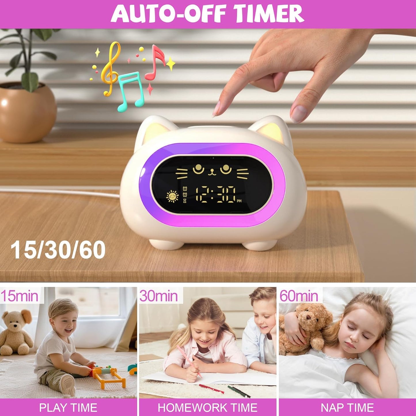Honesorn Alarm Clock for Kids, Ok to Wake Clock for Kids, Cute Cat Kids Alarm Clock for Girls Boys Toddler, Kids Clock with 10 Night Lights, 7 Soothing Sounds, Auto-Off Timer, Child Lock, Cream White