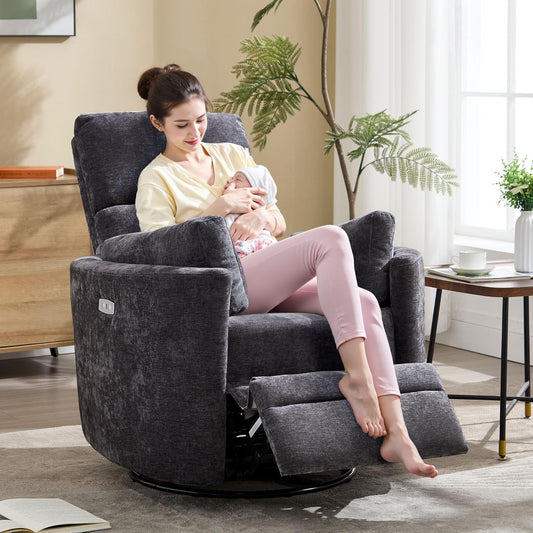 Recliner Swivel Glider Electric Rocking Chair with USB Port,Upholstered High Back Nursery Rocking Chair,Adult Power Recliner Chair with 2 Pillows for Living Room Bedroom(DRAK Grey, Power-Driven)