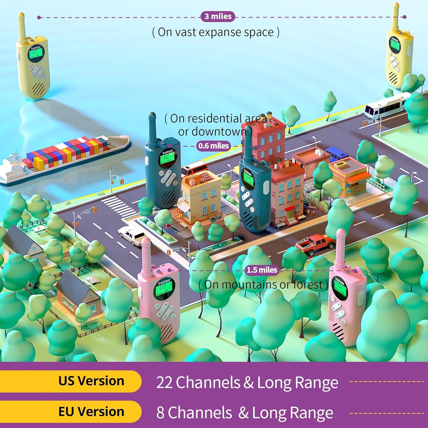 Walkie Talkies for Kids Rechargeable,Toys for Boys and Girls Ages 3-12, 3 Pack Long Range 2-Way Radios, Birthday Gifts,Christmas Stockings, Outdoor Play, Family Games, Hiking Camping Gear