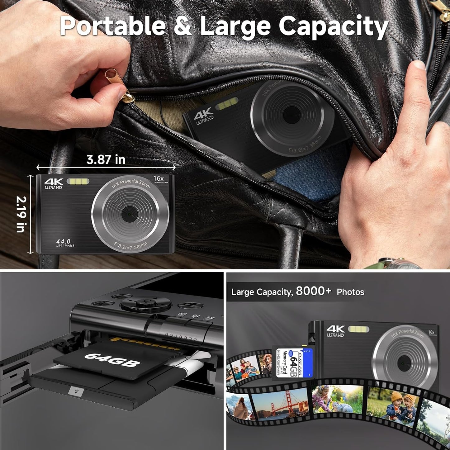 Digital Camera 4K, Upgrade Black Cameras for Teens, Autofocus Digital Point and Shoot Camera for Kids with 16X Zoom, 64GB SD Card, Compact Small Camera for Boys Girls Teens Kids Gift