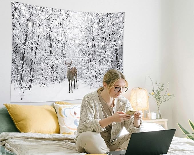 QGHOT Winter Tapestry Wall Hanging Snow Scene Backdrop Winter Wonderland Wall Decor Snowy Forest Wall Art Nature Woodland Deer Tapestry for Bedroom Room Dorm Party Decoration, Large
