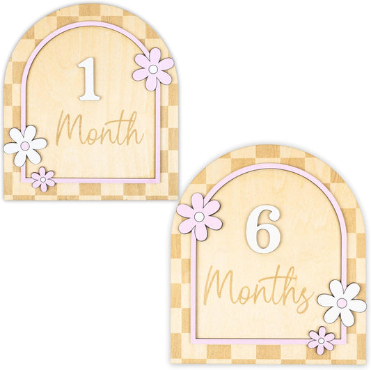 Daisy Flower Baby Monthly Milestone Cards - Wooden Monthly Milestone Double Sign - Newborn Photography Props to Document Your Baby´s Growth - Baby Announcement Sign (B10)