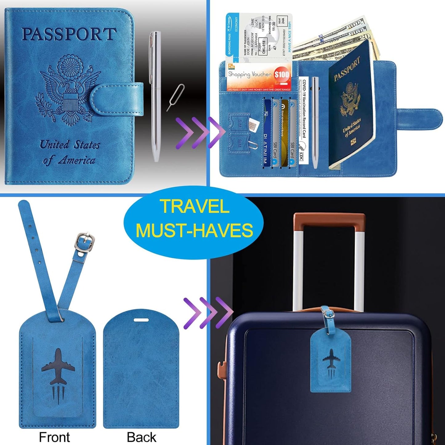 Passport Holder With Luggage Tag Cover Wallet RFID Blocking Leather Case Travel Essentials Accessories Travel Must Have(114#Blue)