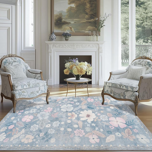 Blue Area Rugs for Living Room 4x6 Washable Low Pile Non Slip Stain Resistant Vintage Euro Floral Soft Faux Fur Carpet Rug for Living Room Bedroom Patio Dining Room Home Office Nursery Kids Room