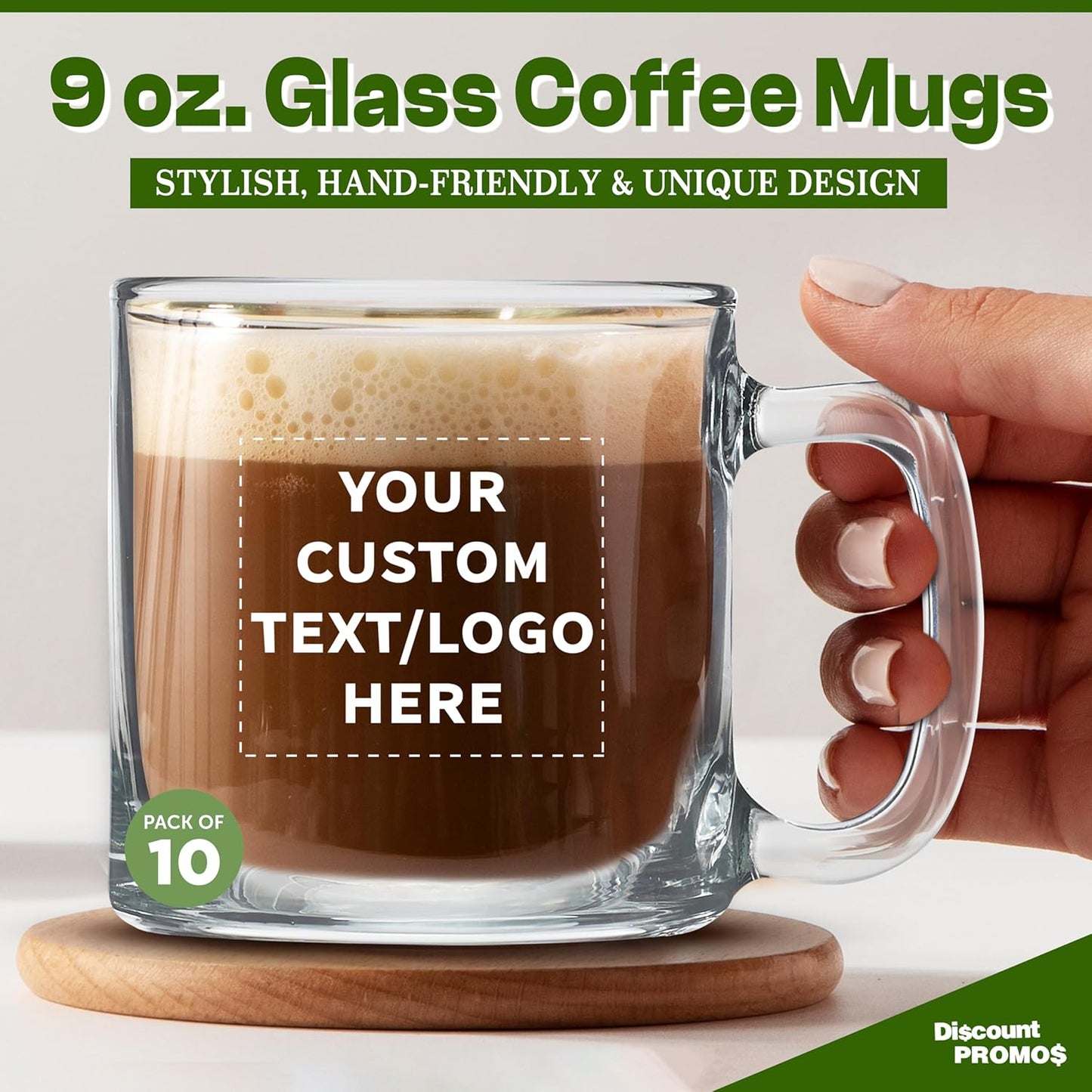 DISCOUNT PTOMOS Custom Small Glass Coffee Mugs 9 oz. Set of 10, Personalized Bulk Pack - Perfect for Coffee, Tea, Espresso, Hot Cocoa, Other Beverages - Clear