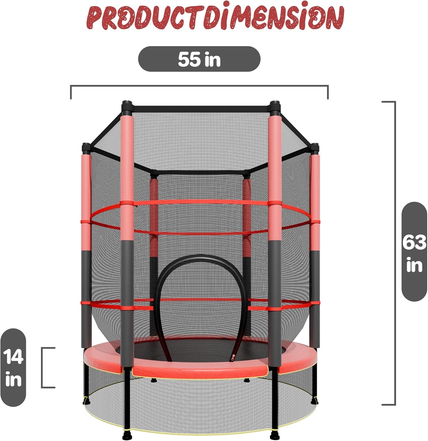 55IN Trampoline for Kids - Indoor/Outdoor Play with Enclosure Net - Easy to Assemble Recreational Trampoline - Red