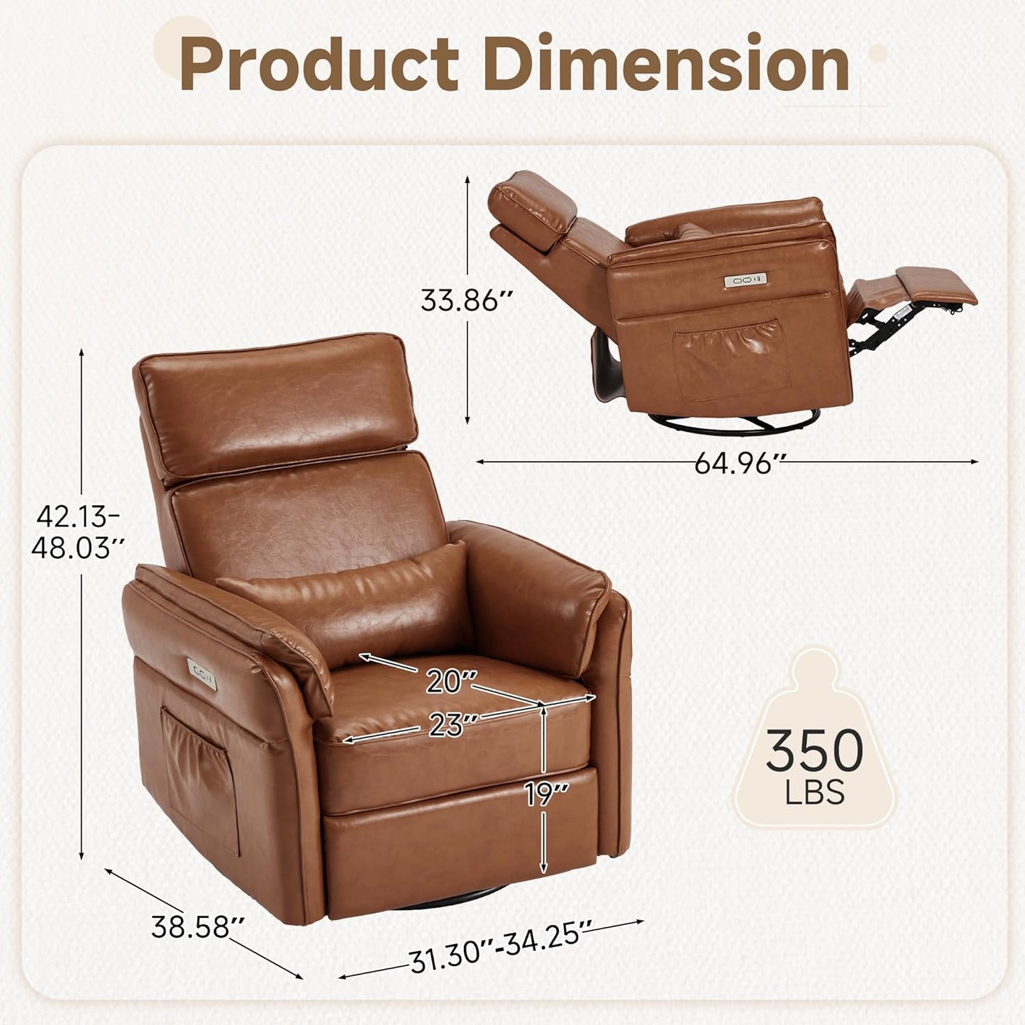 Power Recliner Rocking Chair Nursery Gliders with Adjustable Armrests and Headrest, Swivel Electric Glider Reclining Nursing Chair with USB Port and Storage Bags, FSC Certified(Leather, Brown)