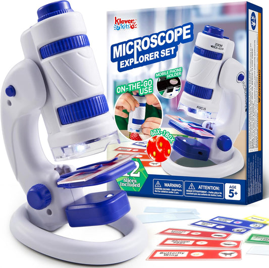 Klever Kits Microscope Explorer Set for Kids, 2 in 1 Science Experiment Toy with Portable Microscope and 12 Specimen Slides, 60X-180X, Educational Toys for Kids Aged 5+