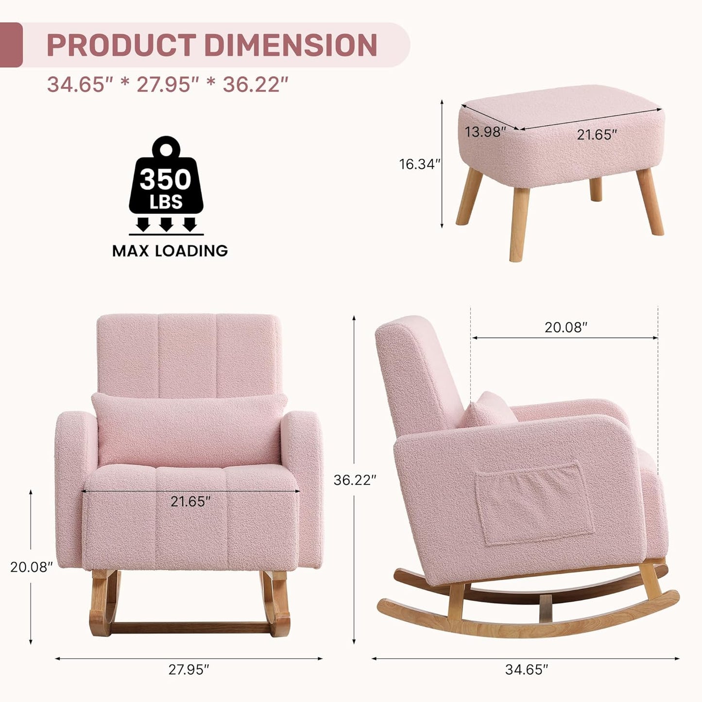 Rocking Chair with Ottoman, Upholstered Nursing Glider Rocker with High Backrest and Side Pocket, Comfy Reading Chair with Solid Wood Legs for Nursery/Living Room/Bedroom Pink