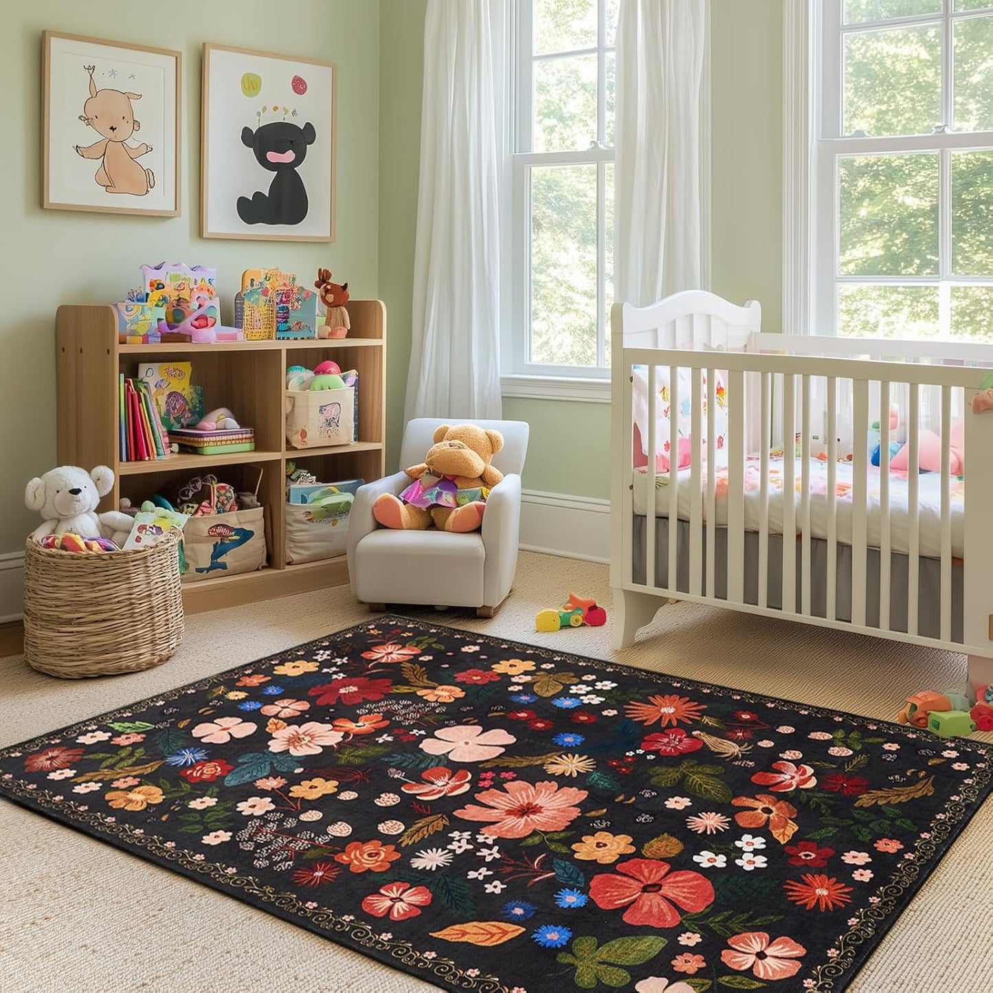 Area Rugs 3x5 for Living Room Machine Washable Soft Faux Fur Black Small Carpet Rug Low Pile Non Slip Stain Resistant Vintage Boho Floral Rugs for Bedside Indoor Entrance Nursery Study Room