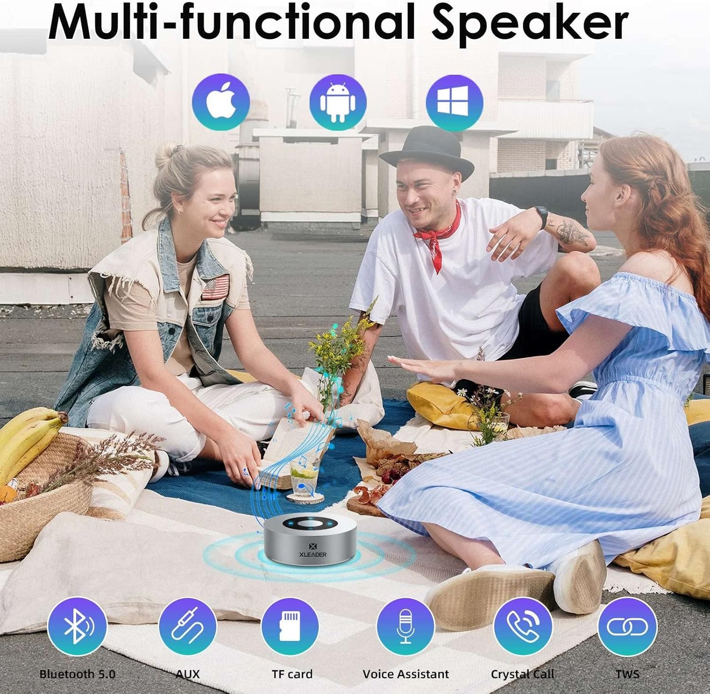 XLEADER Travel Case Packed, Upgraded, Bluetooth Wireless Speaker, Custom Bass Radiator, LED Touch Design, Tiny Pocket Speaker, Mic/TF Card/Aux, 15H Playtime, for Travel Kitchen Office, Space Silver