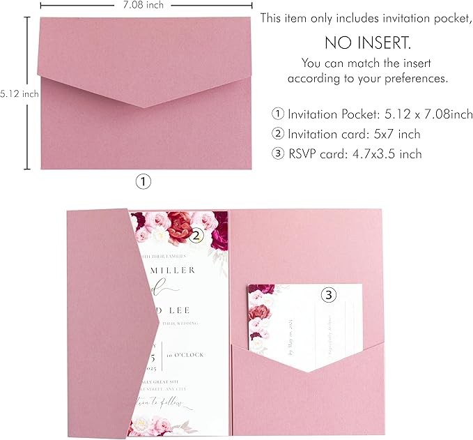 20 PCS Dusty Rose Tri-fold Laser Cut Wedding Invitation Pockets for 5x7 Wedding Cards Bridal Shower Engagement Quinceanera Invitation