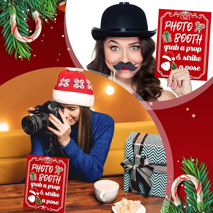 Photo Booth Sign with Stand Retro Background Table for Christmas Indoor and Outdoor Party Theme Event Photography Props Desktop Decoration Supplies