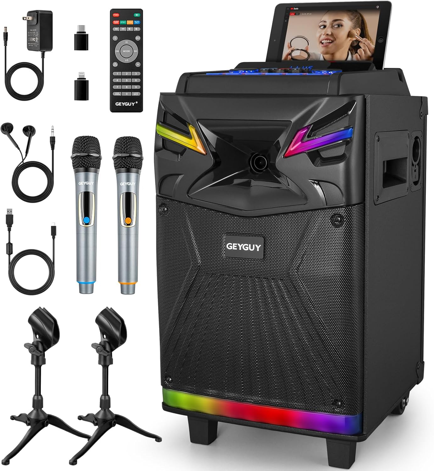 GTSK10‑1 Karaoke Machine with 2 Wireless Microphones for Adults – 10″ DSP Big Bluetooth Party Speaker with 600W Peak Power, Live Streaming & Voice Monitoring, LED Lights, Rolling Wheels & Trolley