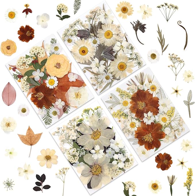 100P Vintage White Dried Flowers for Crafts, Real Natural Pressed Flowers in Retro White Tones for Resin Art, DIY Crafts, Jewelry & Candle Decor – Tweezers Included