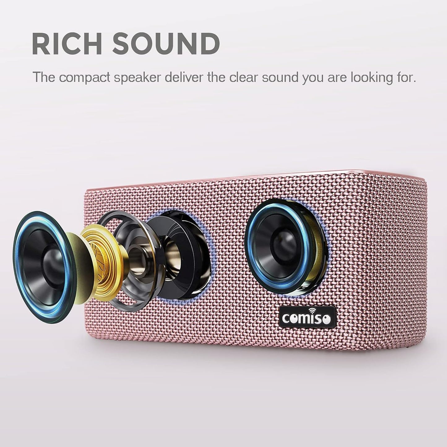 comiso Bluetooth Speakers, 20W Loud Wood Home Audio Outdoor Portable Wireless Speaker, Subwoofer Tweeters for Super Bass Stereo Sound Bluetooth 5.0 Handsfree 24H Playtime (Pink)