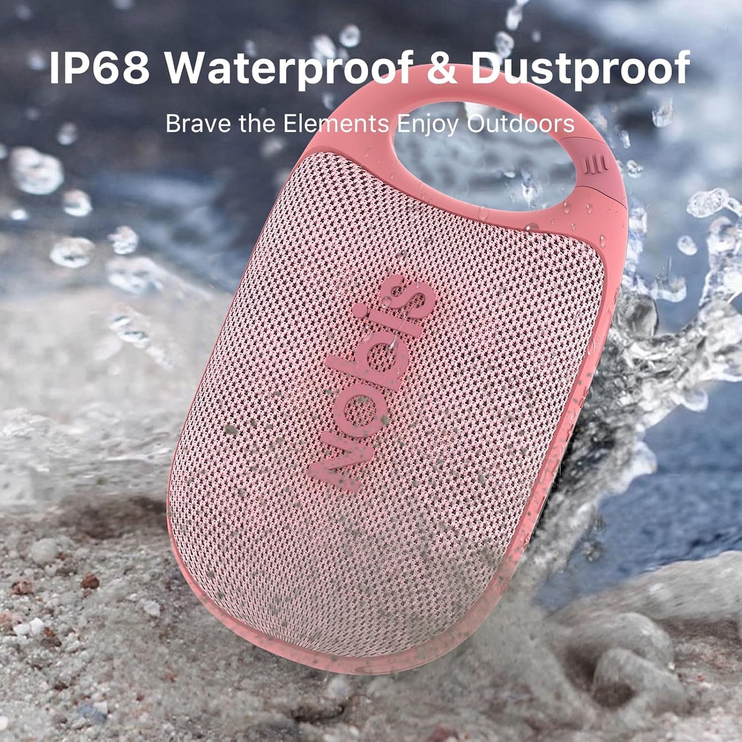 NOBIS Clip N1 Portable Bluetooth Speaker with App, Beat Mode, Up to 24H Playtime, IP68 Waterproof, BT 5.3, HD Sound, Stereo Pairing, Custom EQ, Perfect for Outdoor, Home and Adventure (Pink)