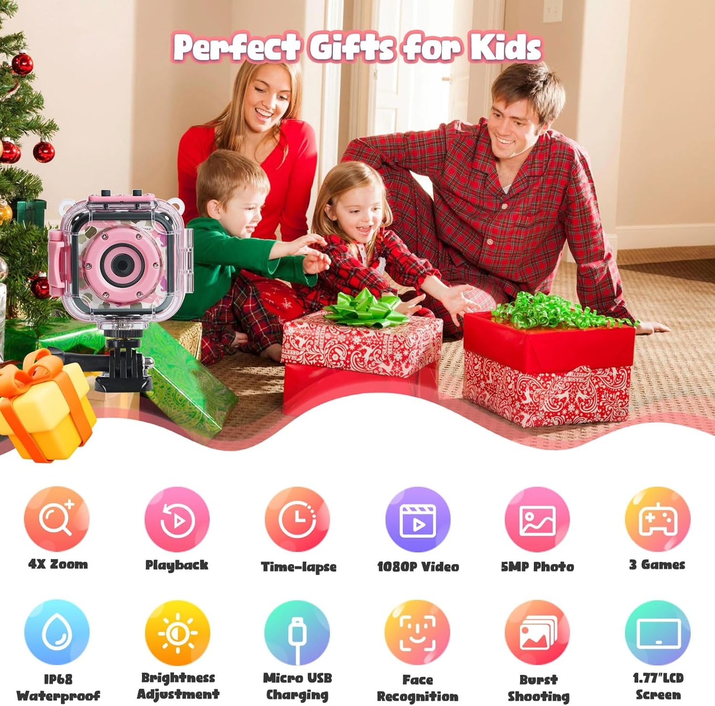 PROGRACE Kids Waterproof Camera Girls - Kids Video Camera Underwater 1080P HD Children Camcorder Digital Cameras for Girls Christmas Birthday Toys Gifts 3 4 5 6 7 8 9 10 11 12 Year Old