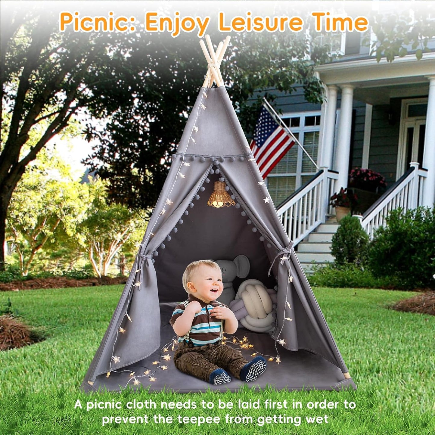 Teepee Tent for Kids with Mat, Star Lights, Carry Case, Cotton Canvas Playhouse, Foldable Tents, Portable Children Play Tent Indoor Outdoor(Grey)