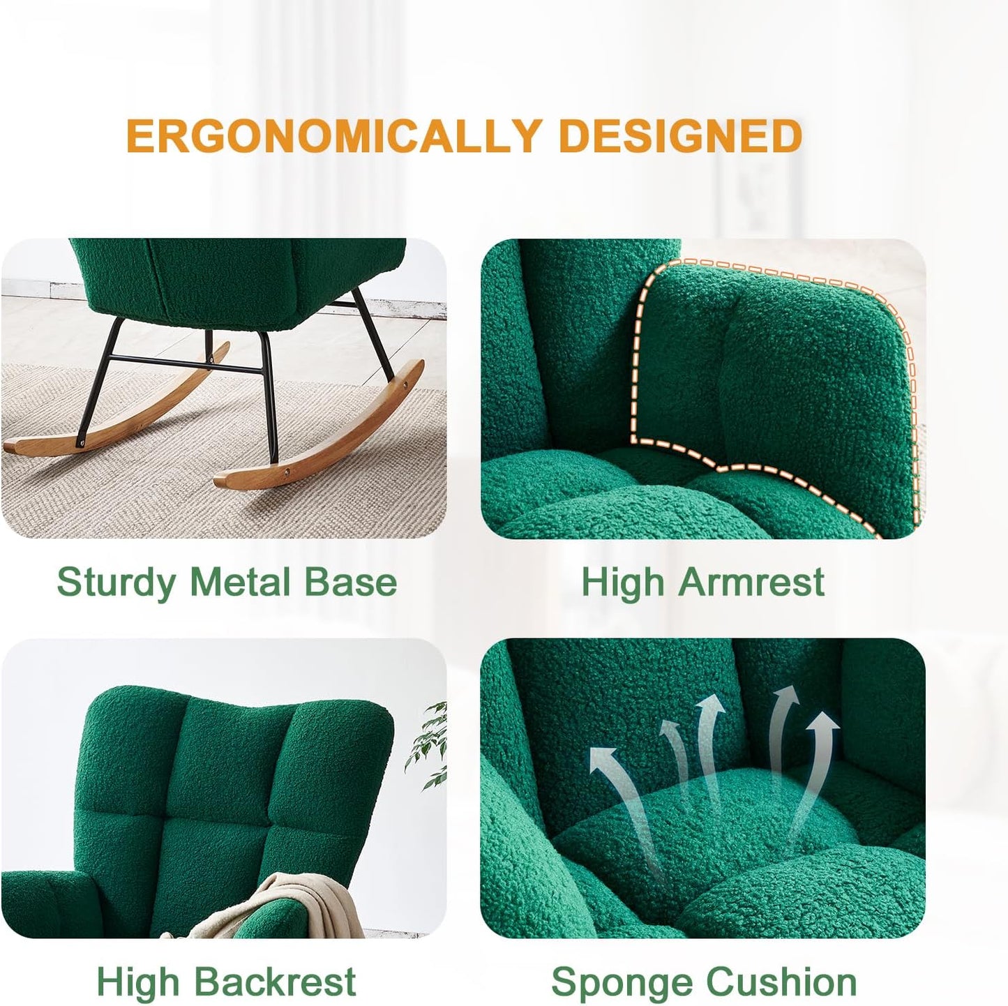 Nursery Rocking Chair, Teddy Fabric Upholstered Glider Rocker with High Backrest, Modern Rocking Accent Chairs Comfy Side Chair for Nursery, Bedroom, Living Room (Green)