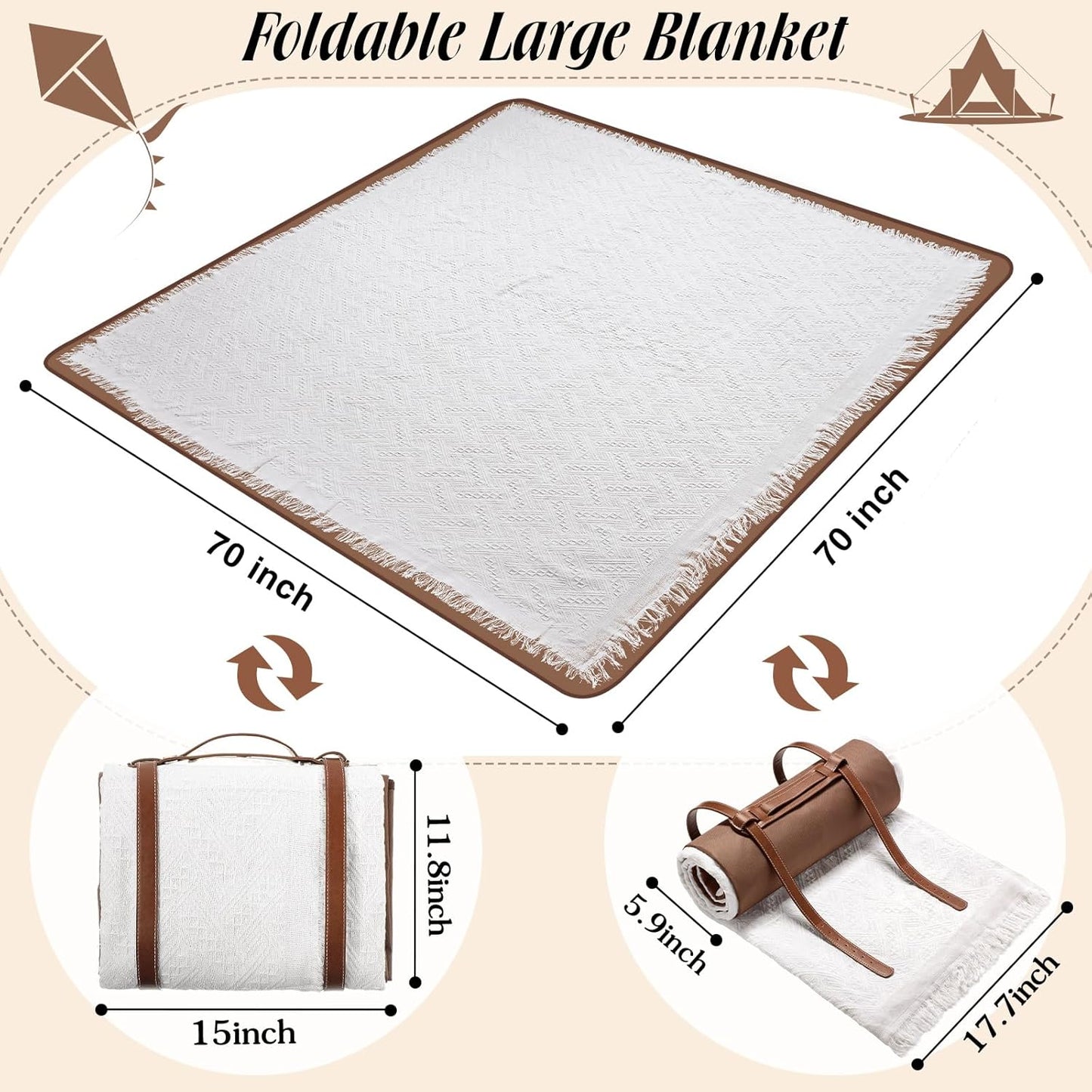 Waterproof Picnic Blankets Outdoor Blanket Foldable 2 in 1 Double Layer Sandproof Beach Mat with Carry Strap for Camping Lawn Park Beach Grass(White)