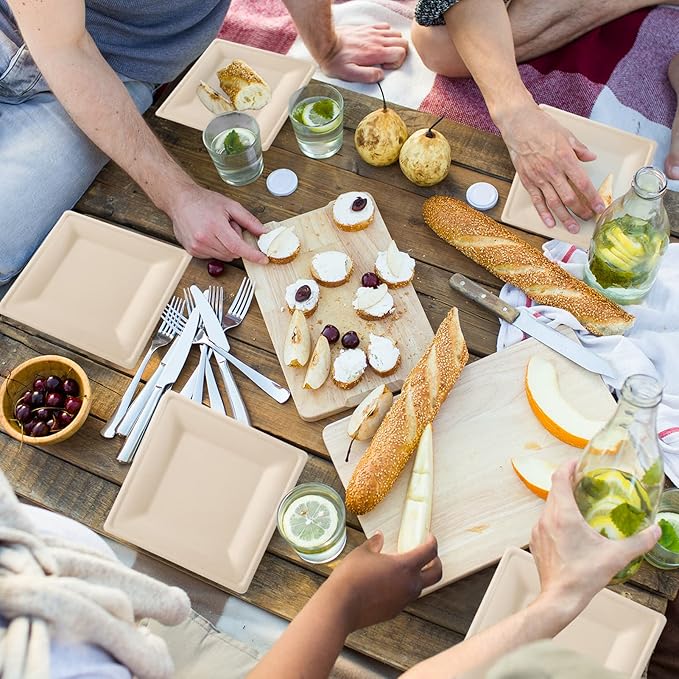 ECOLipak 100 Pack Compostable Square Plates, 10 inch Disposable Paper Plates Made of Sugacane, Eco-friendly Heavy Duty Biodegradable