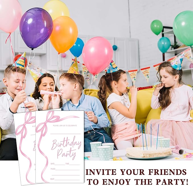 SIXEIGHT Pink Bow Birthday Invitations, Pink Ribbon Bow Birthday Party Invitations, 20 Party Invitations with Envelopes for Girls Boys, Birthday Party Favor & Decoration (4"x6")-A04