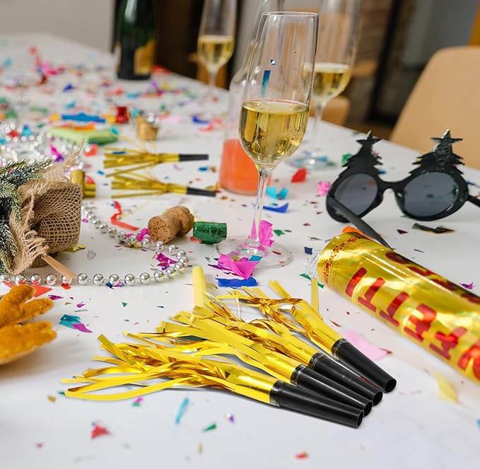 50 Pcs Metallic Fringed Party Blowers Noise Makers Gold Black Blowout Whistle Noisemakers New Year Eve Birthday Party Favor Supplies Events