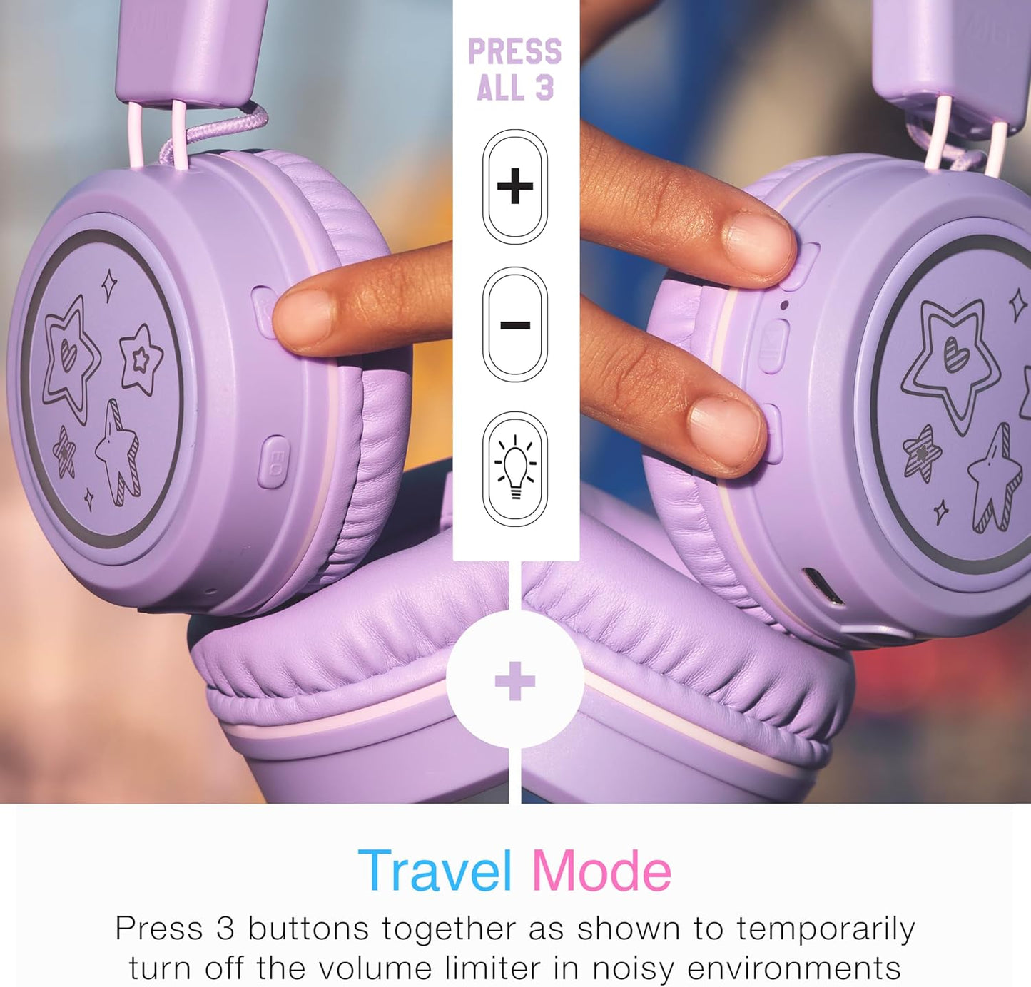 MEE audio KidJamz KJ55BT Personalized Bluetooth Wireless Safe Listening Headphones for Kids w/Custom LED-Backlit Design, Volume Limiter, Mic; Kids Headset for School/iPhone/iPad/Tablet (Lavender)