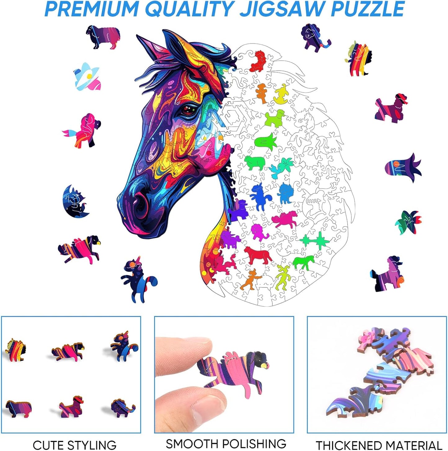 Wooden Puzzles for Adults, Horse Liberty Cool Wooden Jigsaw Puzzles(10.8 * 12.6in-200pcs), Unique Shape Animal Adult Pieces, Irregular Wood Puzzles Best Gift for Adults and Kids Family Game