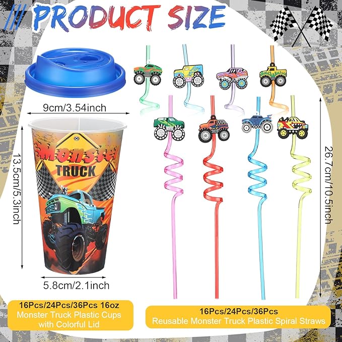 Yungyan 36 Sets Monster Truck Party Favors Goodie Cups with Lids and Straws for Birthday Decorations Reusable 16oz Plastic Candy Cups Plastic Straws for Birthday Party (Truck)