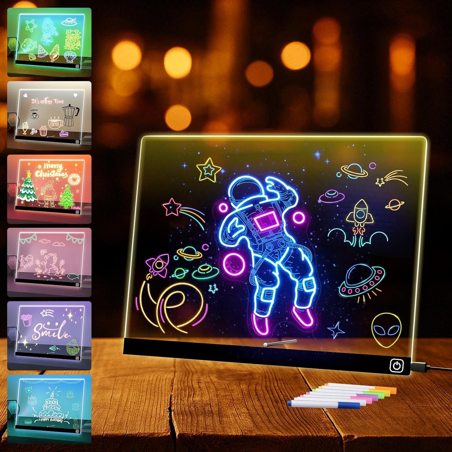 14“ LED Drawing Board 7 Colors Light Acrylic Dry Erase Lumiboard for Kids with Stand 2 Modes as Night Light for Room/Store/Office Ideal Gift for Festival Decoration 7 Markers