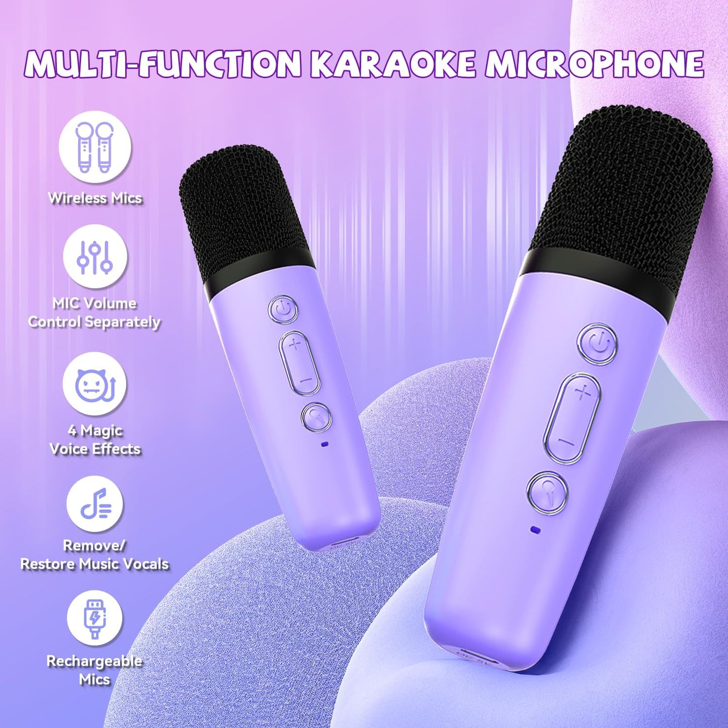 【2025 Newest】 Mini Karaoke Machine for Kids Girls & Boys - Portable Bluetooth Speaker with 2 Wireless Microphones - Kids Birthday Gifts for Ages 4-10 - Kids' Instrument Accessories - Purple