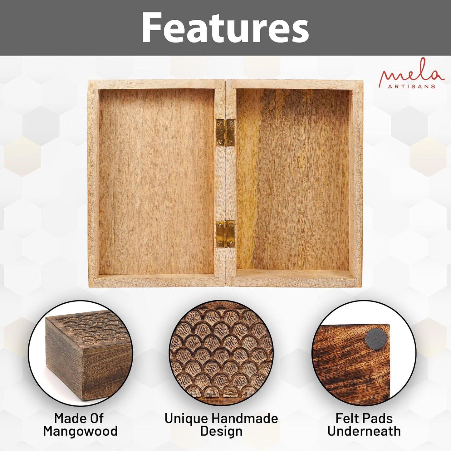 Carved Scallop Mango Wood Box with Lid - Medium Burnt Large Wooden Box - Handmade Decorative Box with Lid for Use As Memory Box, Keepsake Box, Photo Storage Box, and more - 9” x 6” x 3.5”