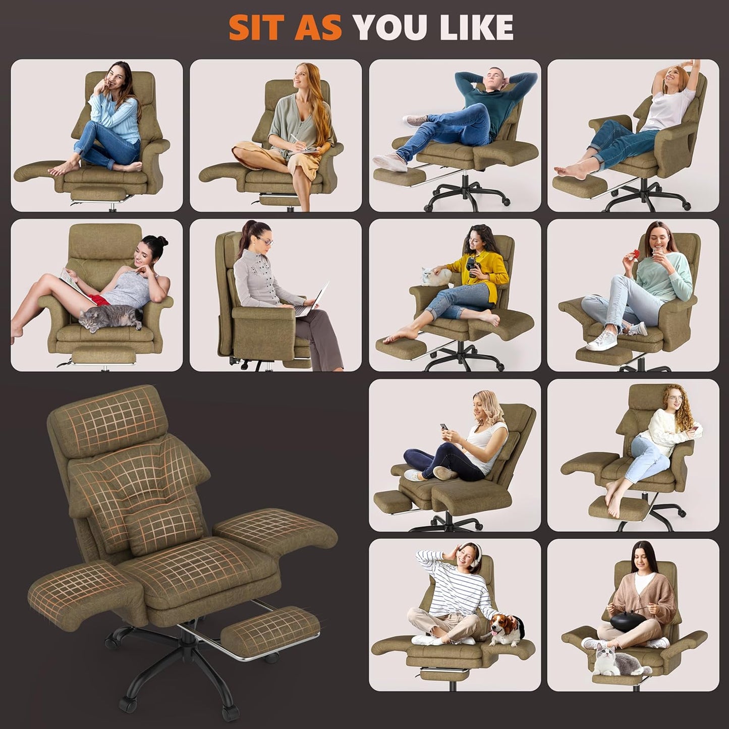 ELABEST C39 Cross Legged Office Chair with Footrest & Convertible Armrests - Pet-Friendly XL Home Desk Chair, Ergonomic Recliner with Lumbar Pillow, Criss Cross Design, Big and Tall Executive Chair