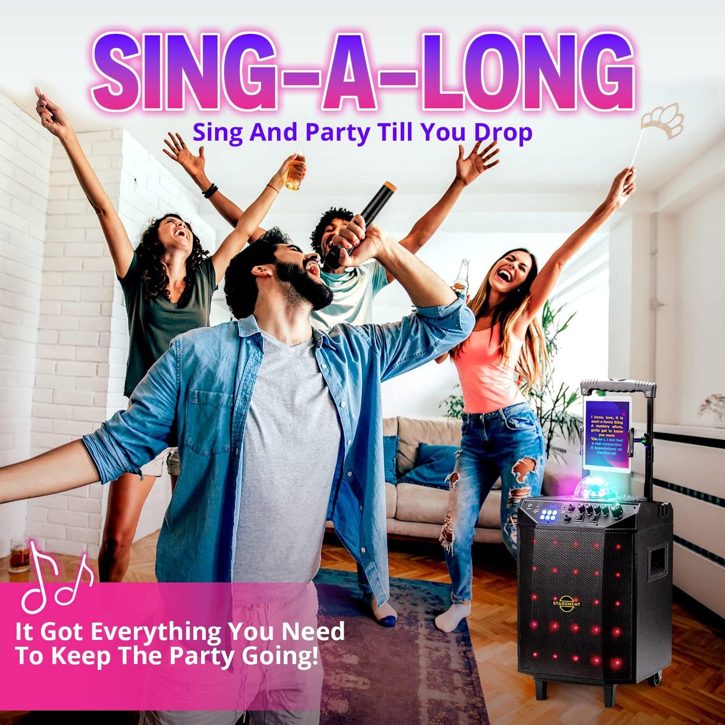 Starument Portable Karaoke Machine for Adults & Kids Complete Karaoke System Includes Bluetooth Speakers on Wheels, 2 Bluetooth Microphones, Disco Ball, LED Speaker Light, Cell Phone Stand & USB Aux