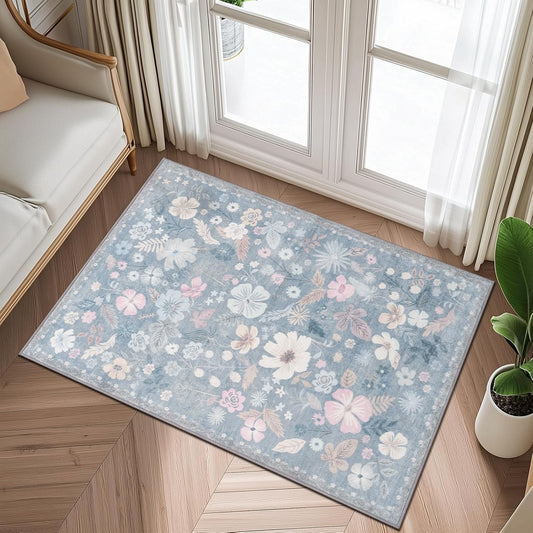 Washable Rugs 2x3 Throw Rugs for Entryway Non Slip Stain Resistant Doormat Light Blue Low Pile Faux Fur Farmhouse Boho Floral Area Rugs for Front Door Kitchen Bed Bedside Pet Home Decor