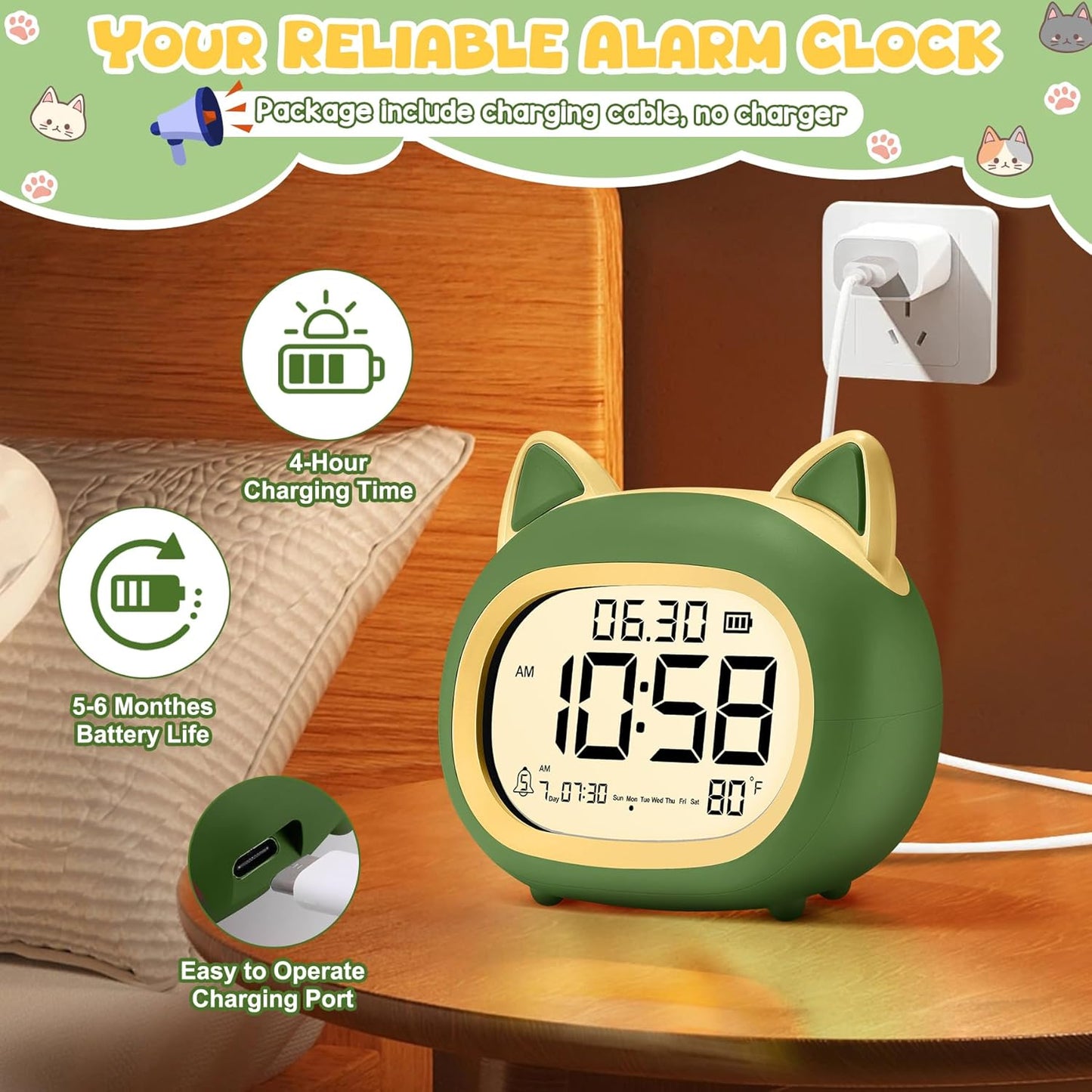Kids Alarm Clock with Night Light for Kids, Small Digital Alarm Clocks for Bedrooms, Routine Builder, Cute Cat Alarm Clock with Sleep Training, Snooze, 12/24H, Date & Day, Temperature, USB Port