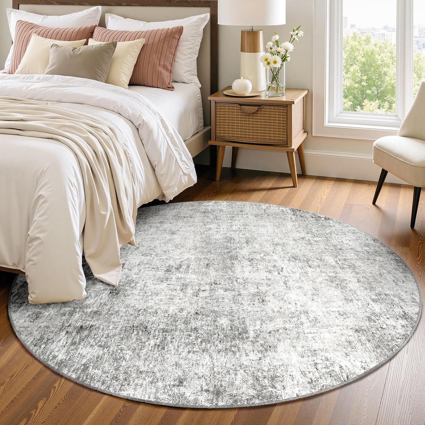 Washable Area Rugs 4ft Non-Slip Modern Abstract Soft for Living Room Entryway Bedroom Nursery, Print Pattern, Gray White Grey