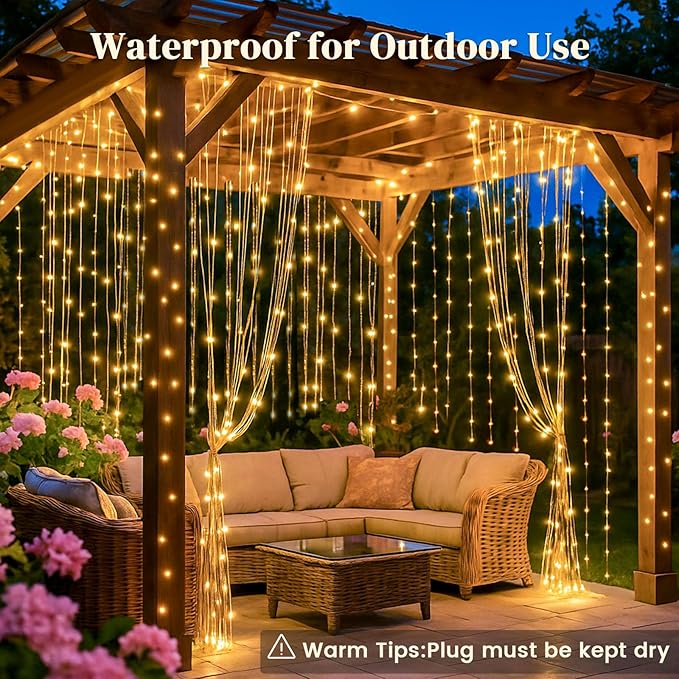 DomeStar 300 LED Curtain Lights for Bedroom, 9.8 x 9.8 FT Battery Operated Lights with 8 Modes Remote Christmas Hanging Wall Window Garden Decor (Warm White)