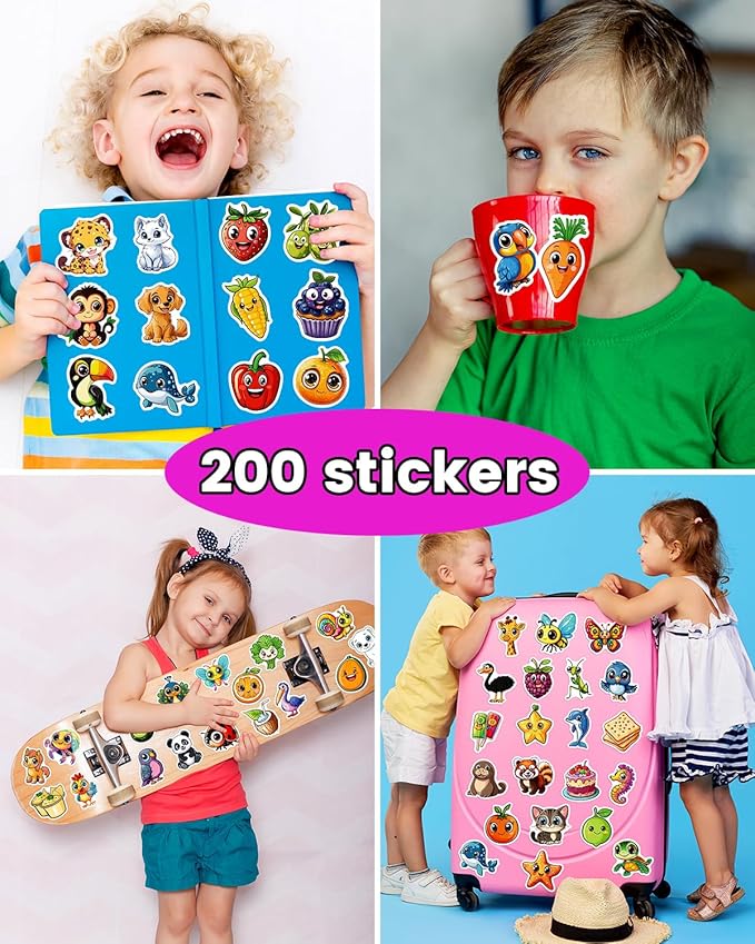 JCFIRE 200PCS Stickers for Kids, Waterproof Cute Mixed Animal Food Vinyl Scrapbook Stickers for Water Bottle, Book, Laptop, Goodie Bags Stuffers Kids Party Favors, Classroom Supplies Must Haves