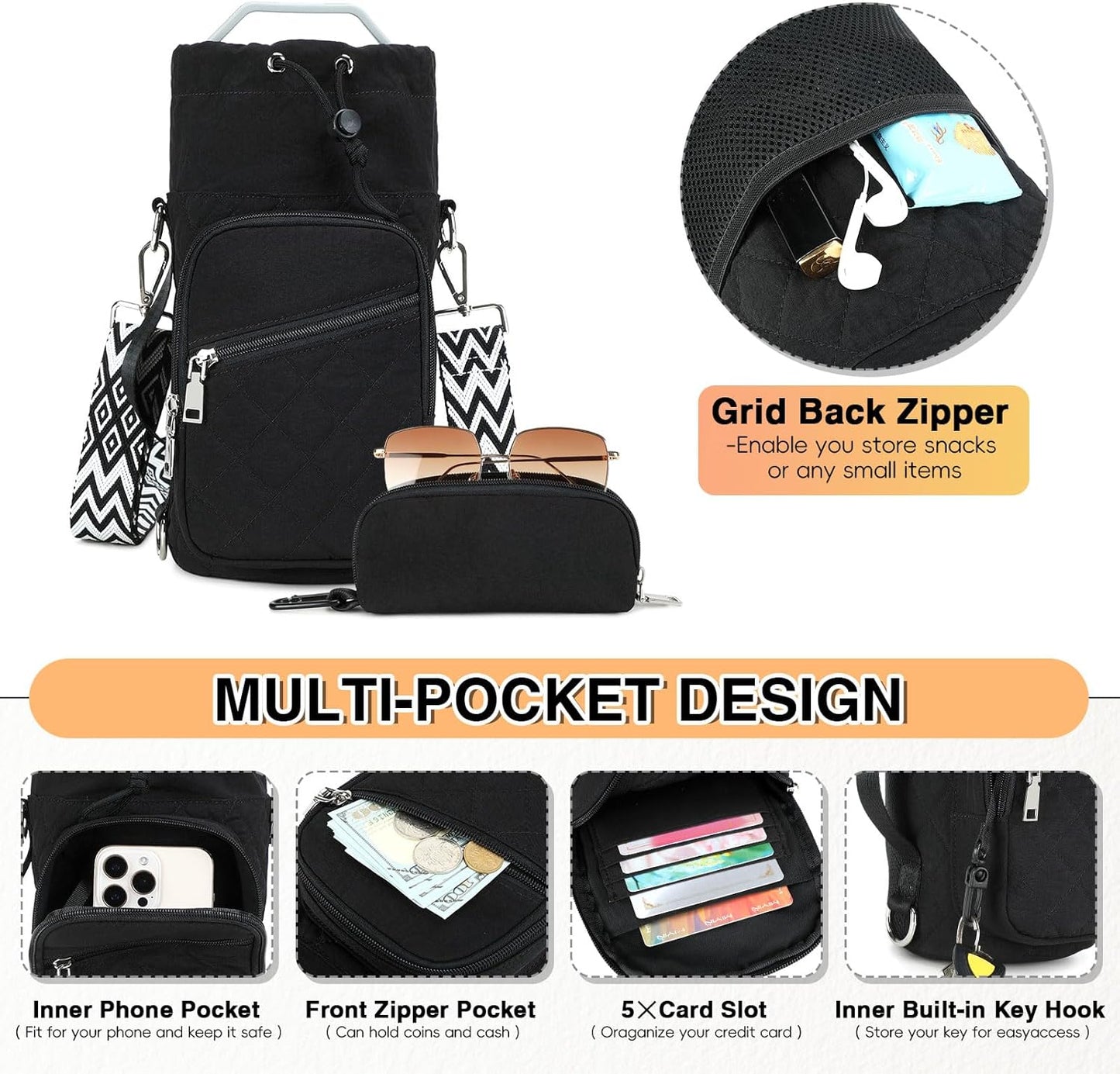 Water Bottle Carrier Bag with Strap, Water Bottle Holder Crossbody Bags for Women Men for Walking, Hiking,Cycling