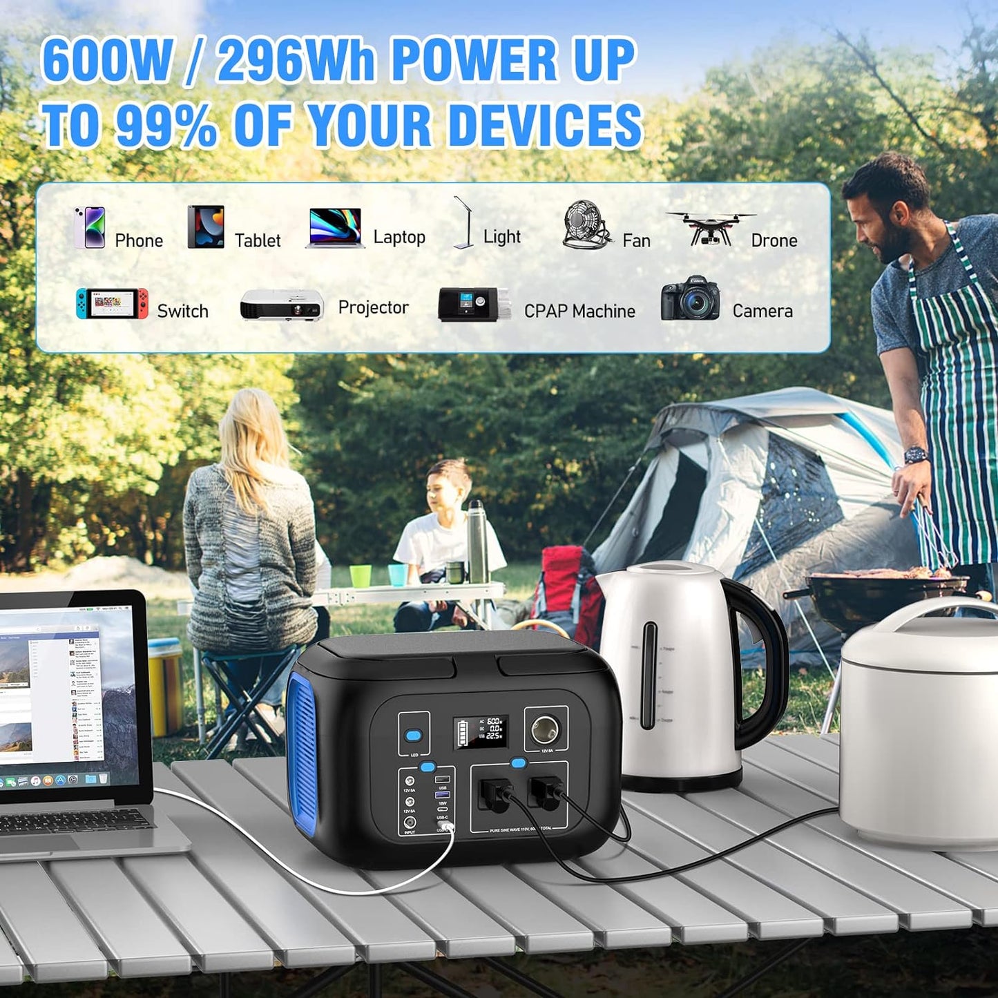 Portable Power Station 600W Power Bank 296Wh Solar Generator Lithium Battery Portable Generator Fast Charging with LED Light Battery Pack 9 Outputs Power Supply for Home Camping Emergency Backup
