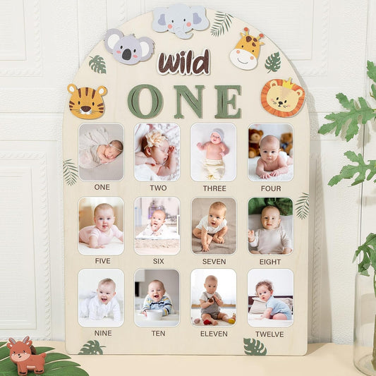 Photo Board Jungle Animals Birthday Party Wooden Board Decorations 12 Monthly Milestone Picture Frame One Year Old Wood Sign 1st Birthday Photo Banner for Baby Boy Girl Keepsake Gift Supplies