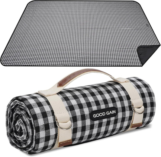 Picnic Outdoor Blankets Waterproof Extra Large - Beach Mat Sand Free Foldable with Carry Strap | Portable Camping Blanket | Park Blanket for Grass Park, Hiking, Travel, Concerts, Indoor (Black)