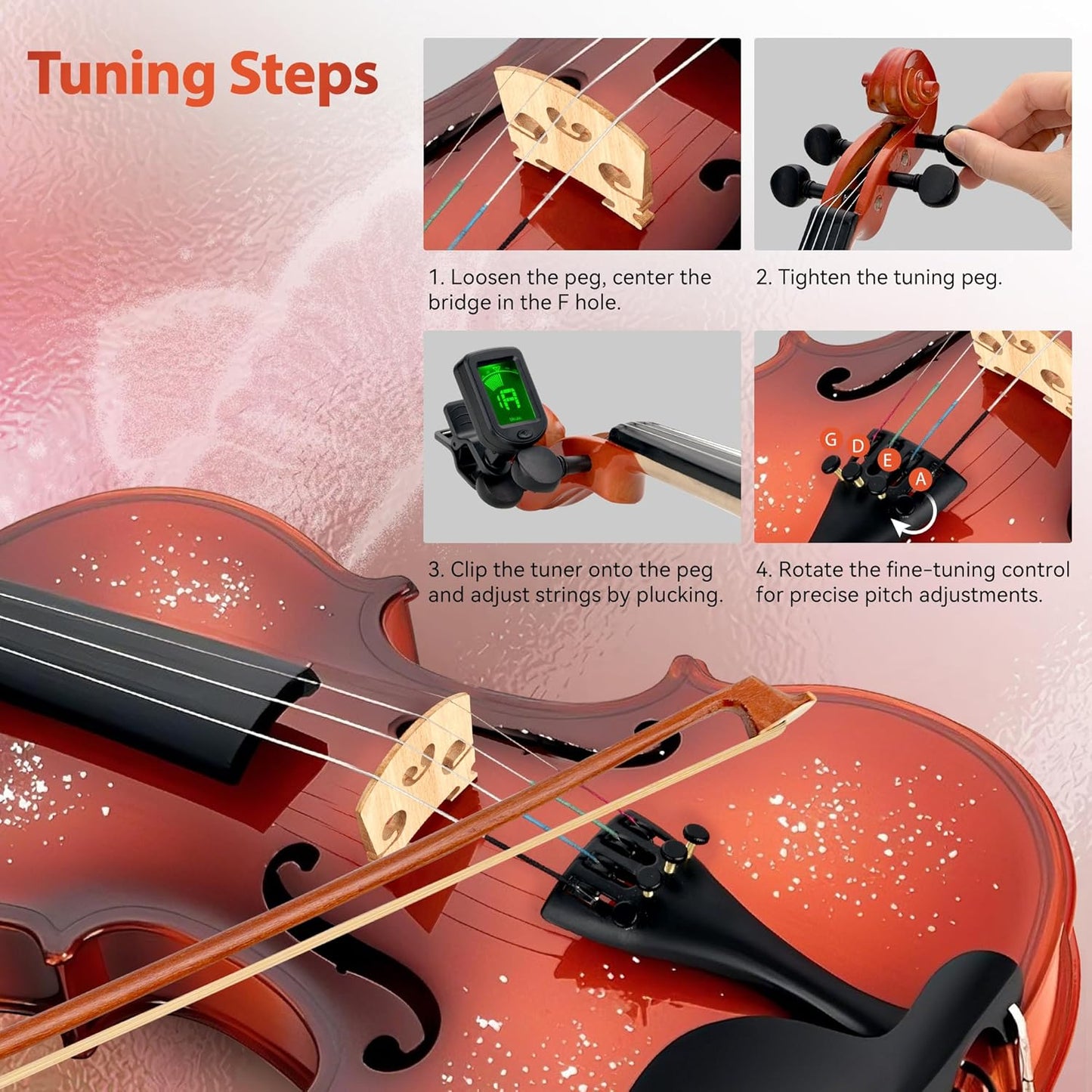 Poseidon Violin for Beginner, Full Size Violin Set for Student Spruce Acoustic Violin Fiddle with Case, Bow, Rosin, Horse Bridge, Extra 4/4 Strings Full Set, Shoulder Rest, Tuner - Christmas Red