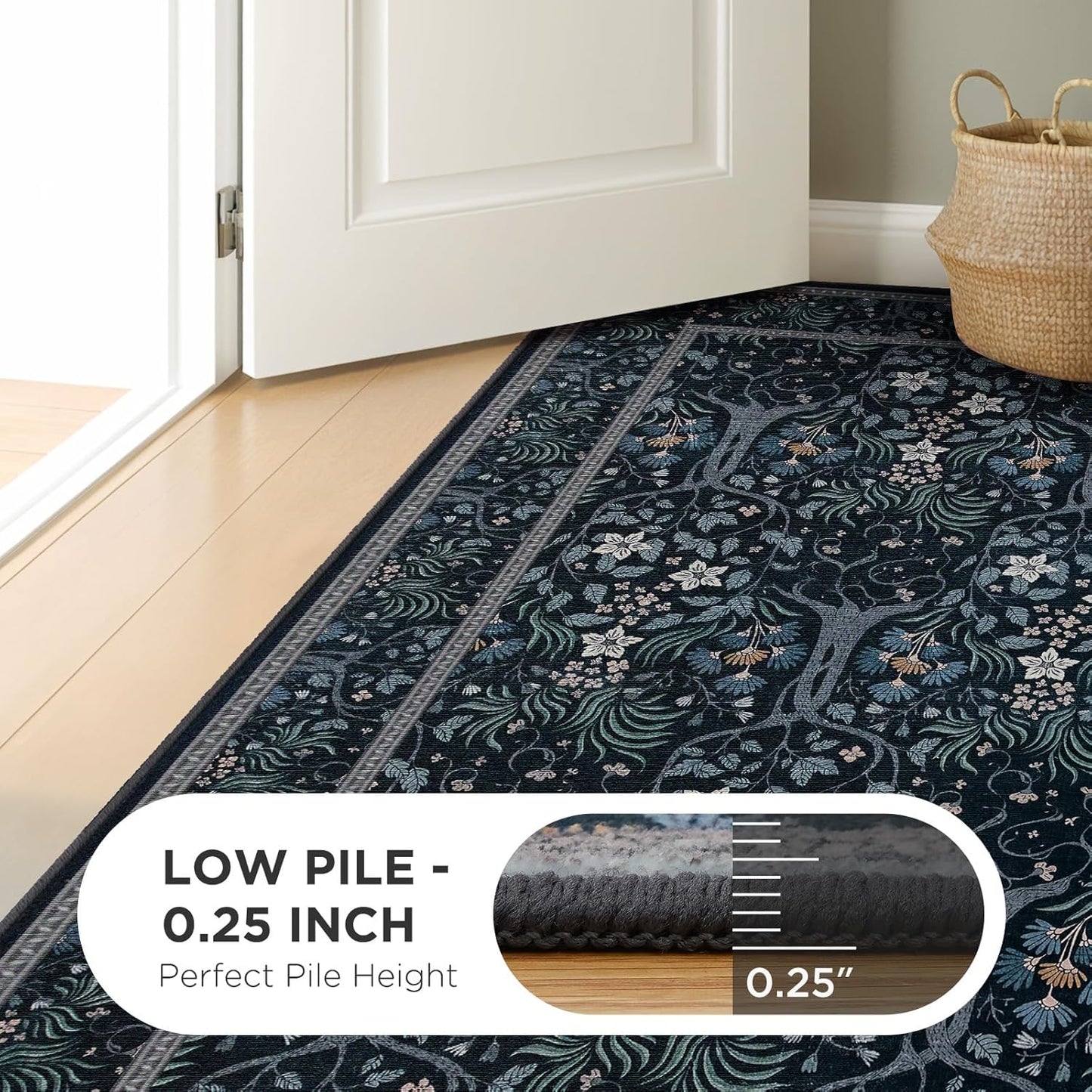 Joydeco Machine Washable Area Rugs 5x7, Boho Floral Rug for Bedroom Non Slip, Soft Forest Botanical Low-Pile Floor Indoor Throw Carpet for Living Dining Room Dorm Office, Blue-Black