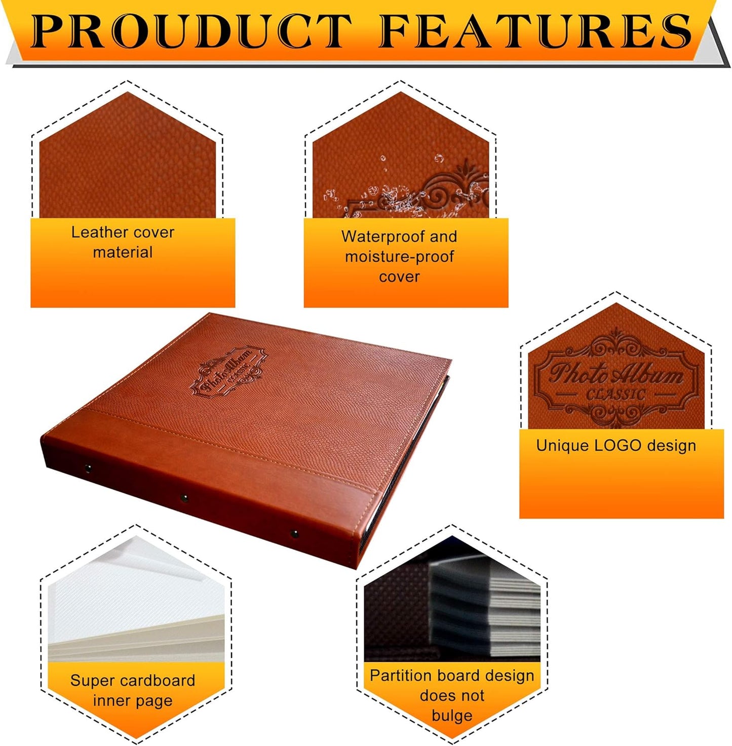 Photo Album Holds 3X5, 4X6, 5X7, 6X8, 8X10 Photos, Leather Cover, Magnetic Self-Stick Page, Hand Made DIY Albums (Brown, Large)